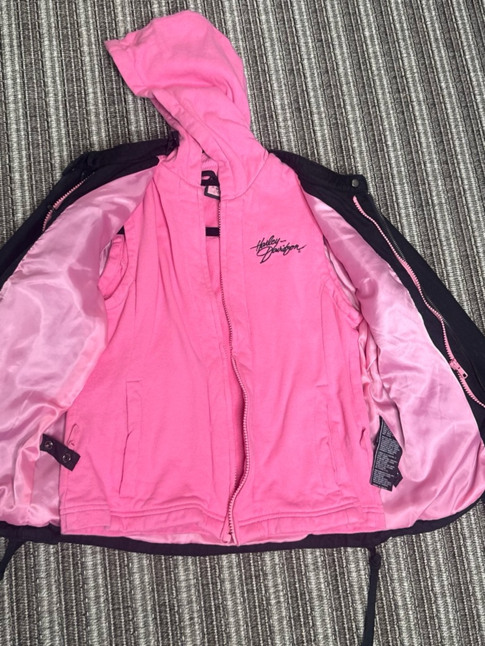 Harley-Davidson Black Jacket with Pink Hooded Liner - Picture 3 of 7